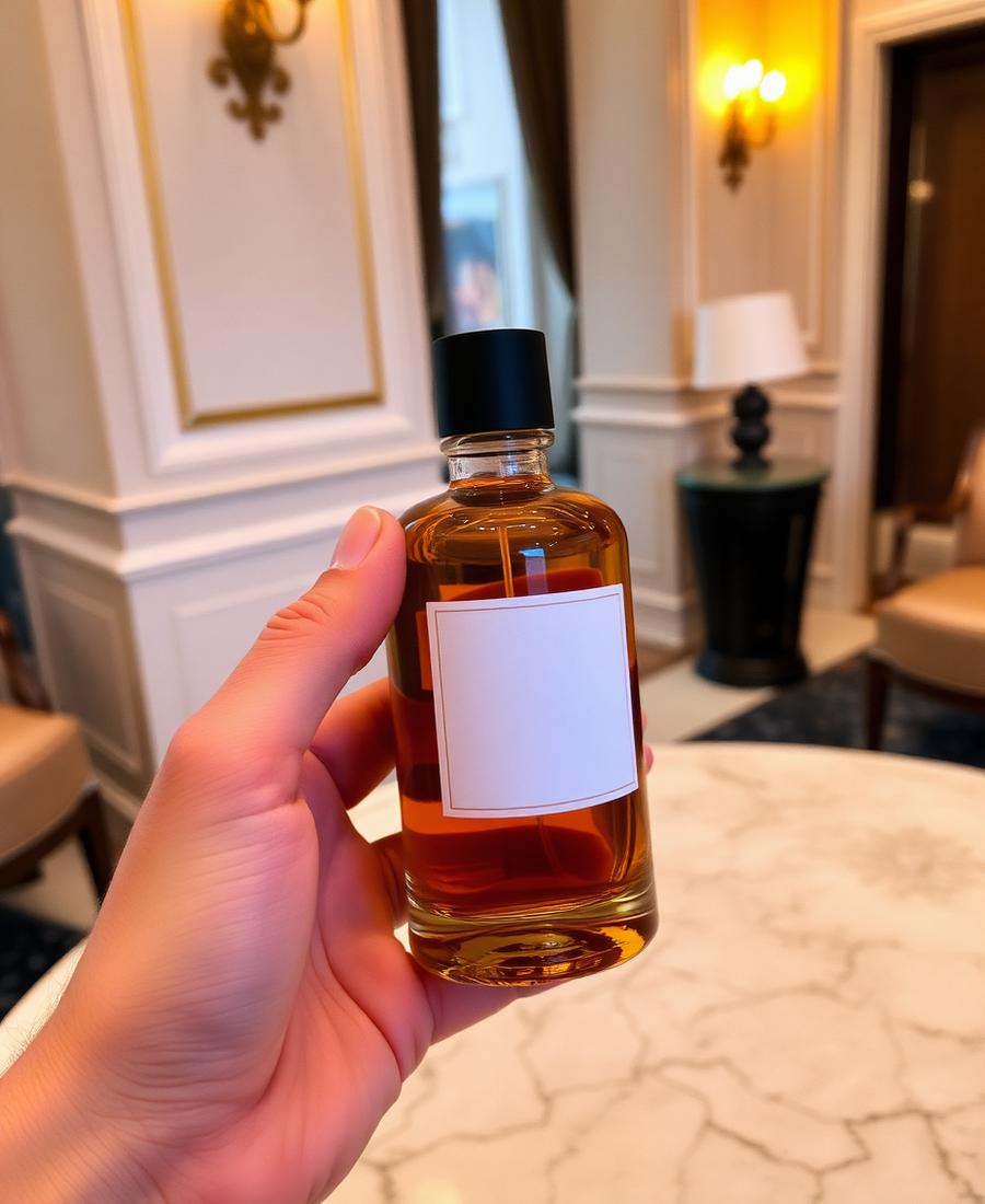 Flacon de parfum ambré tenu à la main dans un lobby d’hôtel à Rome