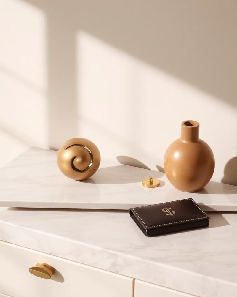 Objets de design posés sur une console en marbre, lumière rasante