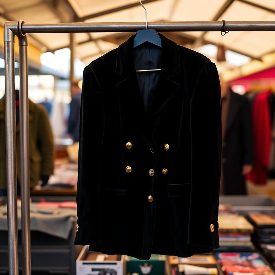 Veste vintage en velours noir à boutons dorés sur un portant aux Puces