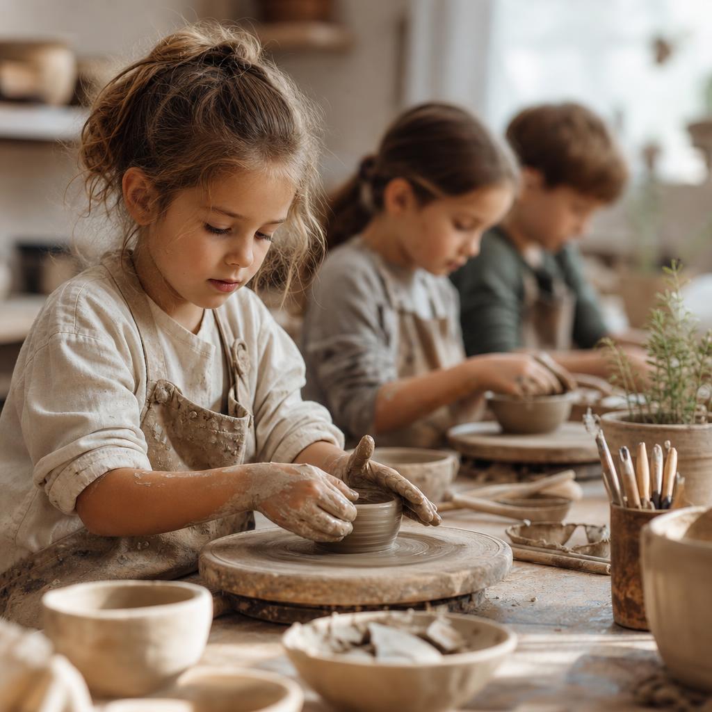 Atelier poterie du mercredi, petites mains sur un tour